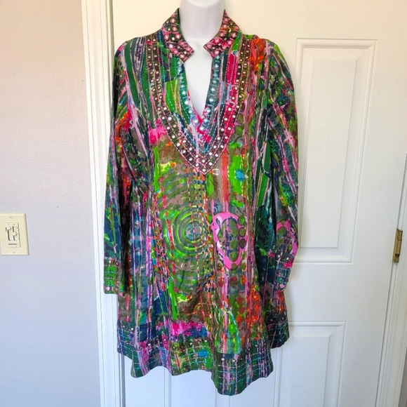 Soft Surroundings Mosaic Tunic Artsy Embroidery Tie Dye Jade Multi Womens Sz S - Picture 1 of 12